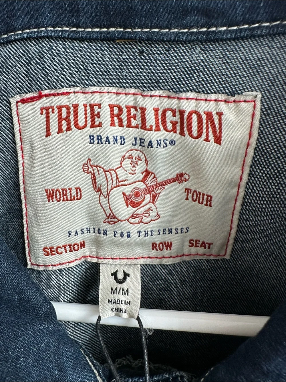 True Religion Denim Jacket Red Ladder Stitch Men’s siz M Dark Wash MSRP $184 New